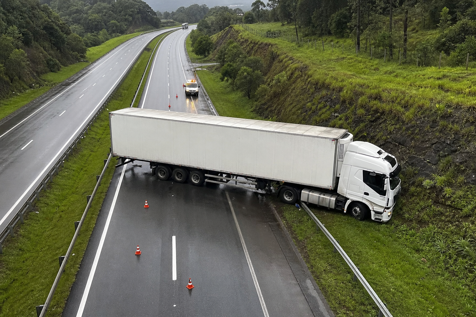 Carreta branca atravessada em rodovia molhada com cones de sinalização