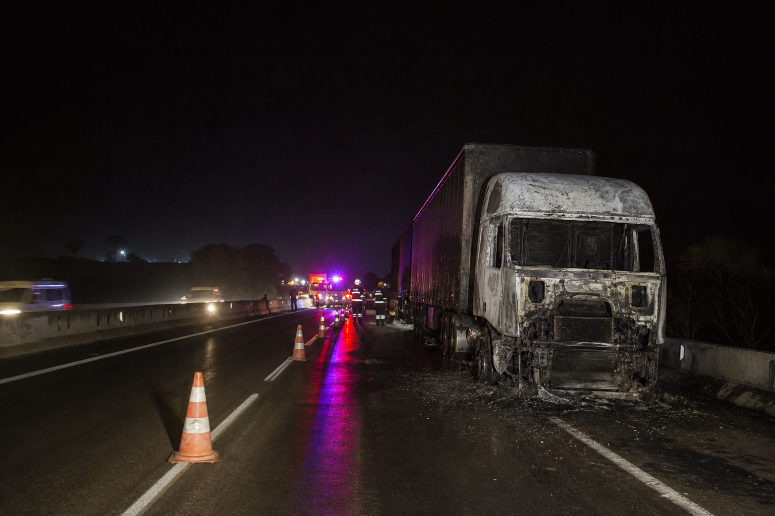 Carreta queimada em rodovia durante atendimento noturno