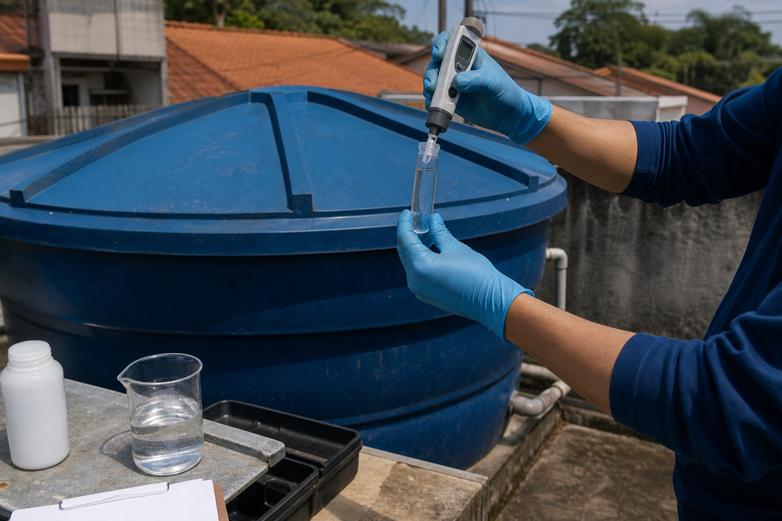 Técnico coleta amostra de água ao lado de uma caixa residencial