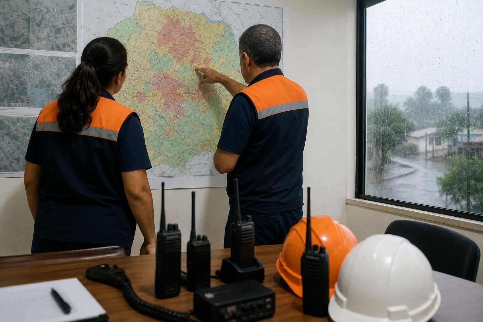 Agentes da Defesa Civil analisam um mapa de riscos durante chuva