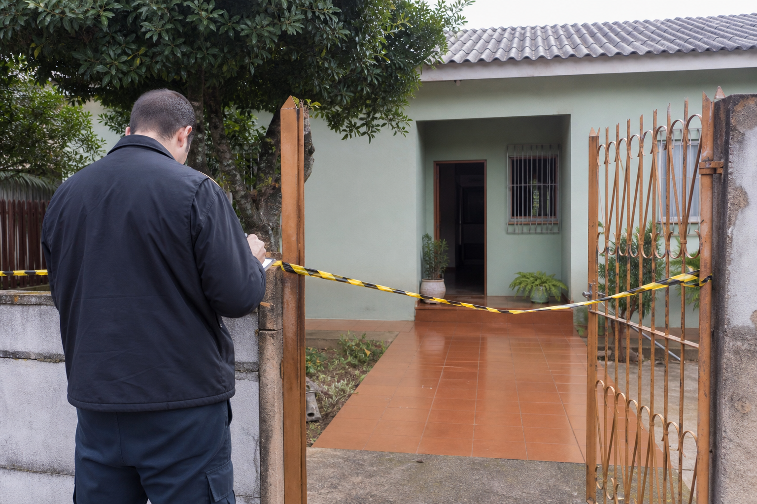 Investigador diante de uma residência isolada para apuração
