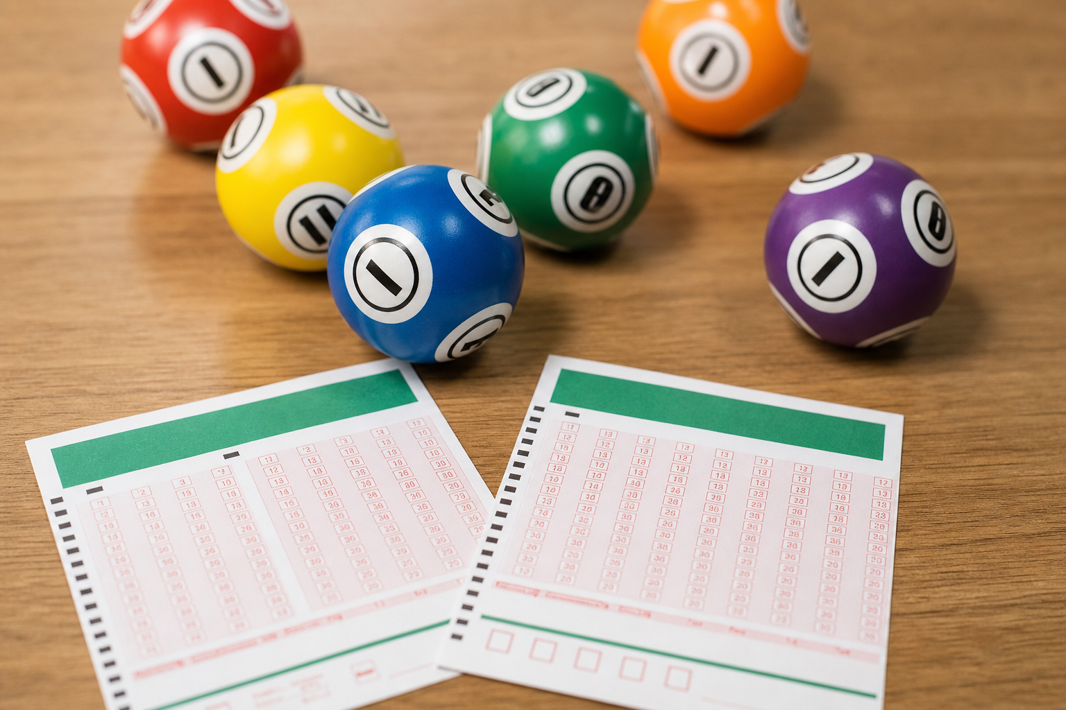 Bolas coloridas e dois bilhetes genéricos de loteria sobre uma mesa