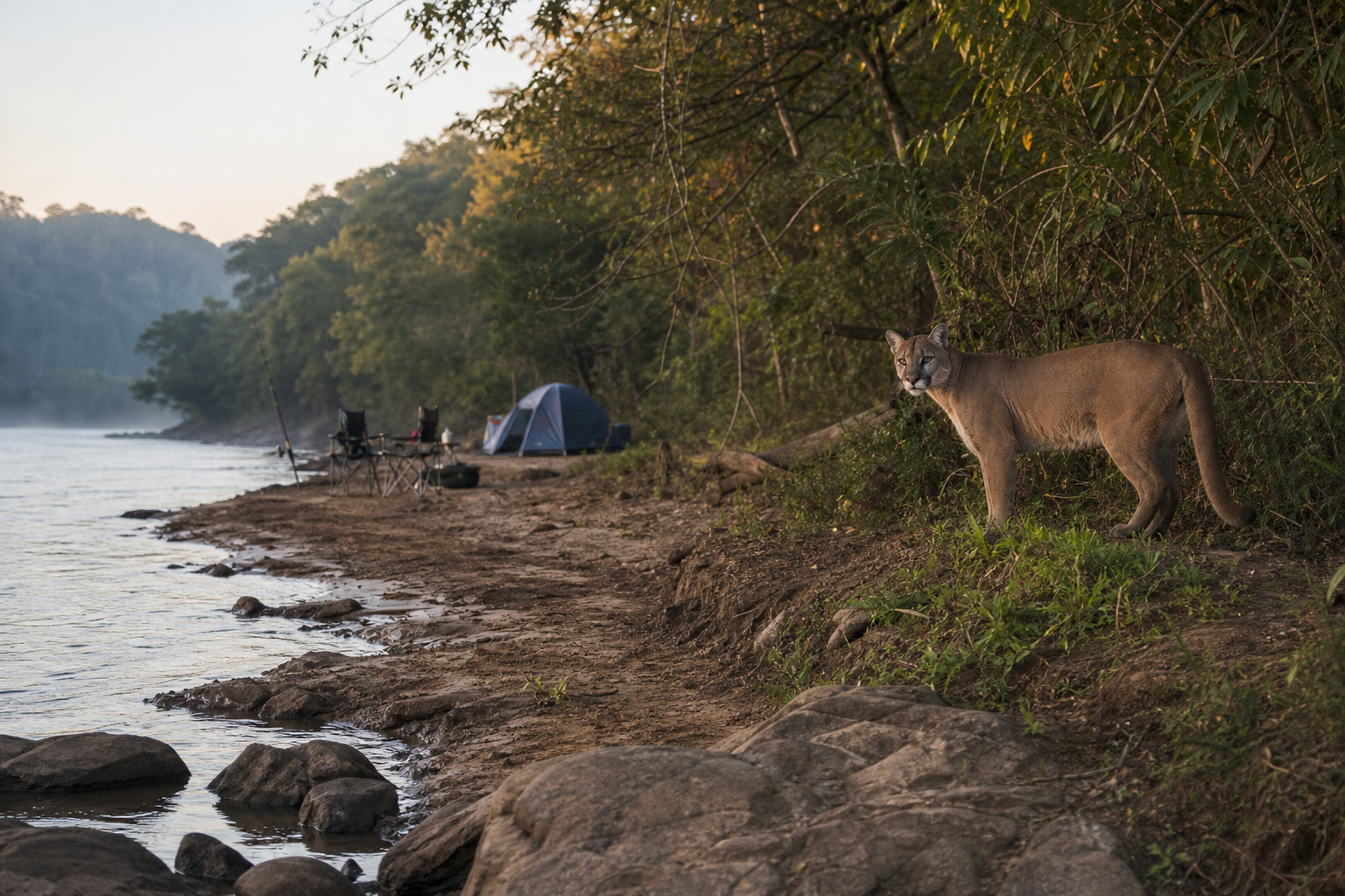 Onça-parda na margem de um rio próximo a um acampamento vazio